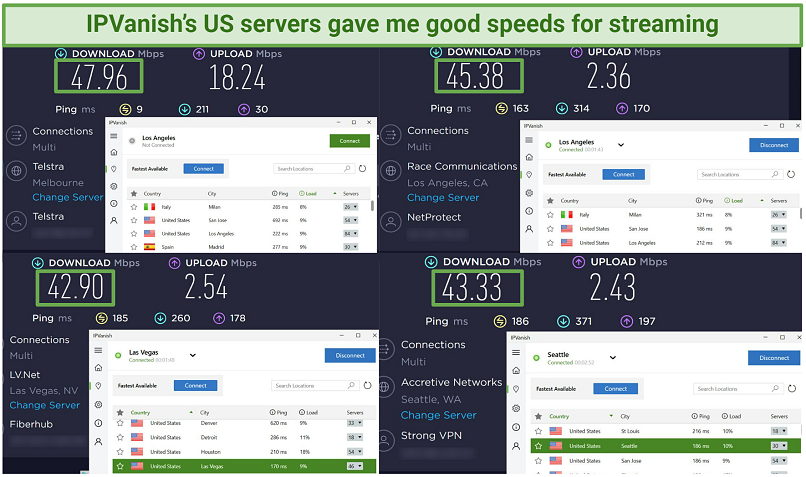 Screenshot of speed test results when not connected to IPVanish and connected to IPVanish's LA, Las Vegas, and Seattle servers
