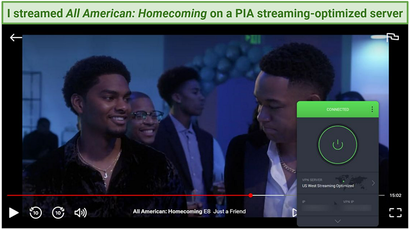 Screenshot of All American: Homecoming streaming on Netflix US while connected to PIA's US West streaming optimized server