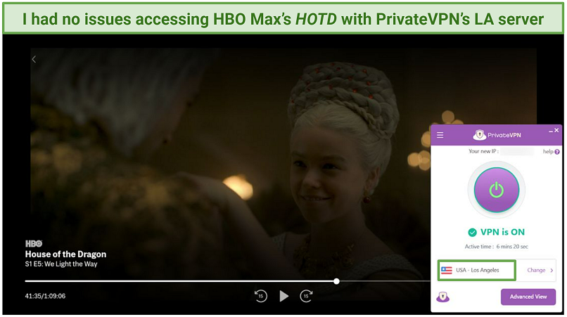 Screenshot of HOTD streaming on Hulu while connected to PrivateVPN's Los Angeles server