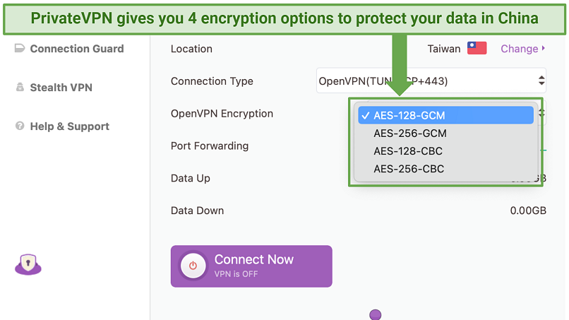 Capture d'écran montrant comment modifier les connexions de chiffrement sur l'application PrivateVPN