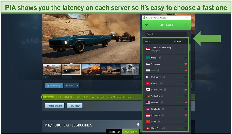 Screenshot of PIA's Windows app showing the server list while PUBG's Steam page is open in the background.