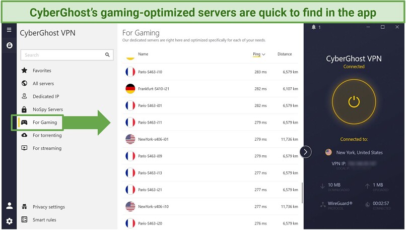 Screenshot of CyberGhost's Windows app showing gaming-optimized servers.
