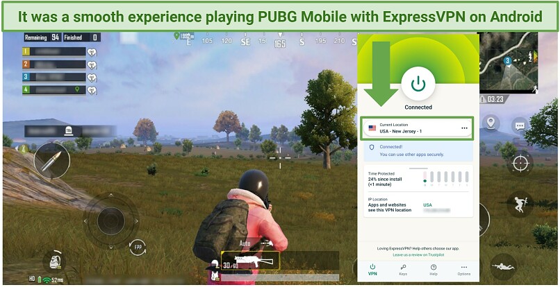 Screenshot of PUBG Mobile with ExpressVPN Android app connected to New Jersey server.