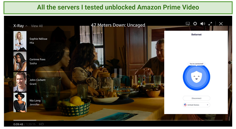 screenshot showing Amazon Prime Video playing using Betternet VPNs US server