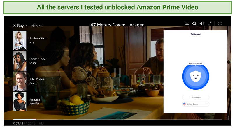 Στιγμιότυπο οθόνης που δείχνει το Amazon Prime Video Playing χρησιμοποιώντας το BetterNet VPNS US Server