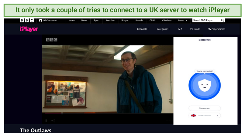 Screenshot of BBC iPlayer playing using Betternet VPN
