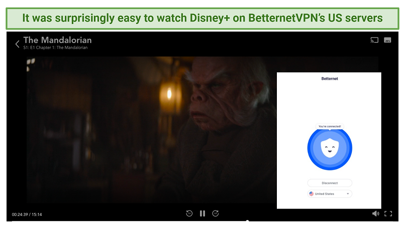 Graphic showing Disney+ streaming using BetternetVPN's US server