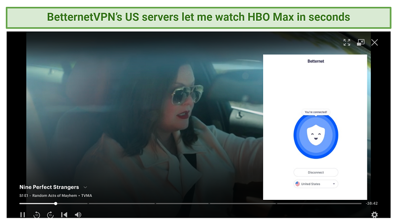 screenshot showing HBO Max streaming using BetternetVPN