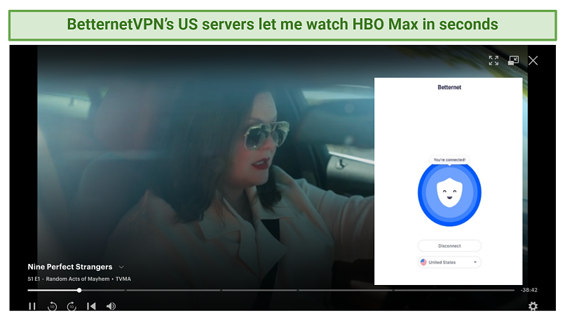 Στιγμιότυπο οθόνης που δείχνει HBO Max Streaming χρησιμοποιώντας το BetterNetVPN