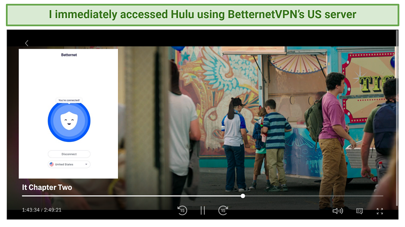 Graphic showing BetternetVPN streaming Hulu on its US server