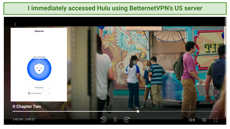 Γραφικό που δείχνει betternetvpn streaming hulu στο διακομιστή των ΗΠΑ