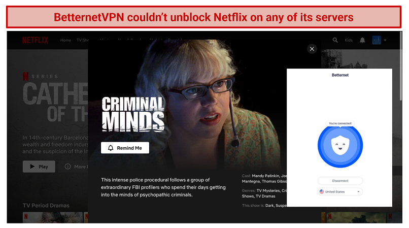 Screenshot showing Netflix's homescreen using BetternetVPN