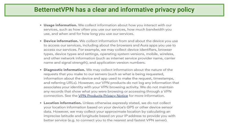 Graphic showing BetternetVPN's privacy policy