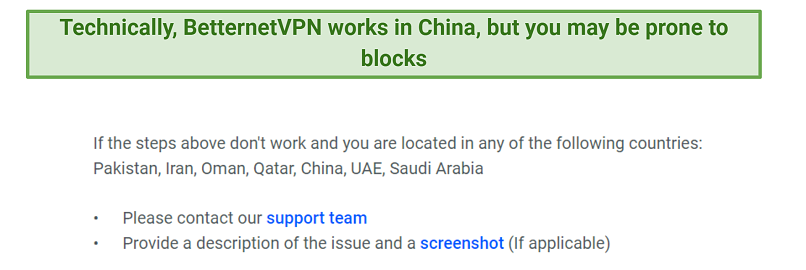 Graphic showing BetternetVPN may not work well in restricted countries