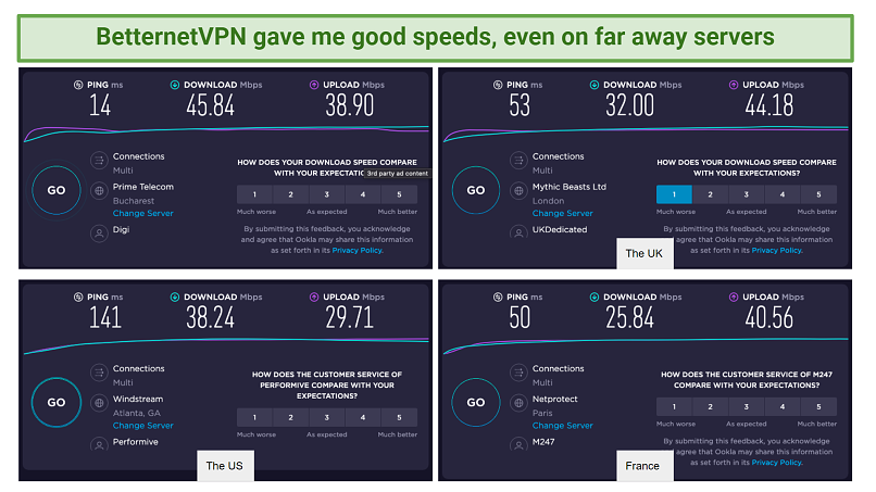 Screenshot of BetternetVPN's speed test results