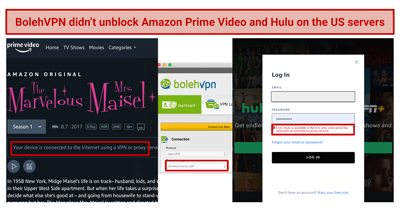 A screenshot of Amazon Prime Video and Hulu blocking BolehVPN