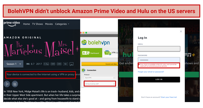 Una captura de pantalla de Amazon Prime Video y Hulu bloqueando a Bolehvpn