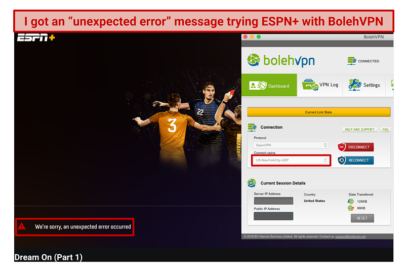 ESPN+ showing an error message when trying to access it with BolehVPN