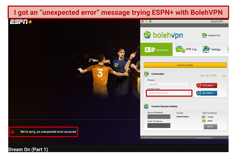 ESPN+ Mostrar un mensaje de error al intentar acceder a él con BoleHVPN