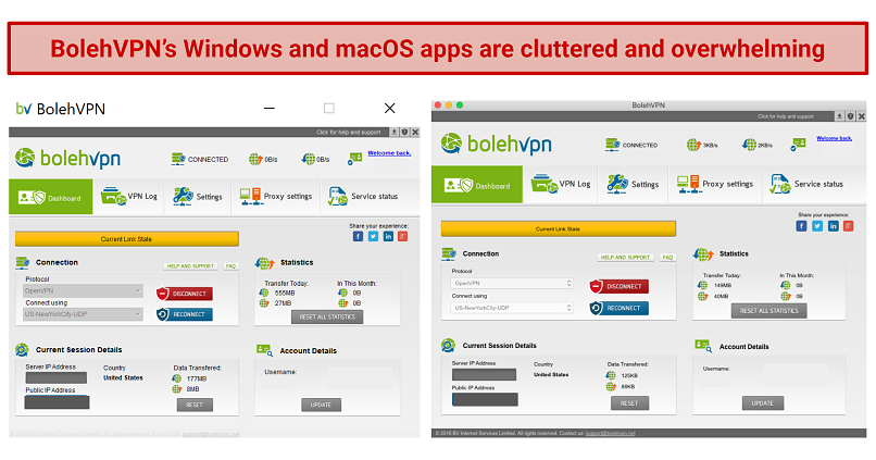 Screenshots of BolehVPN's Windows and macOS apps' user interface
