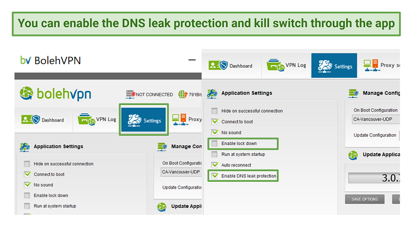 A screenshot of the settings menu on BolehVPN's Windows app