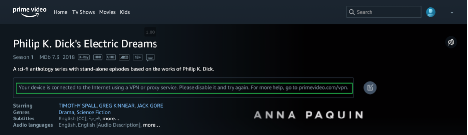 A screenshot showing Amazon Prime Video's VPN or proxy error message while trying to use BoxPN to watch Philip L. Dick's Electric Dreams.