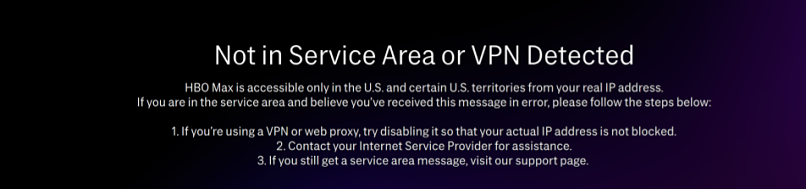 A screenshot displaying HBO Max's 'VPN detected' error message, demonstrating that BoxPN can't unblock HBO Max.