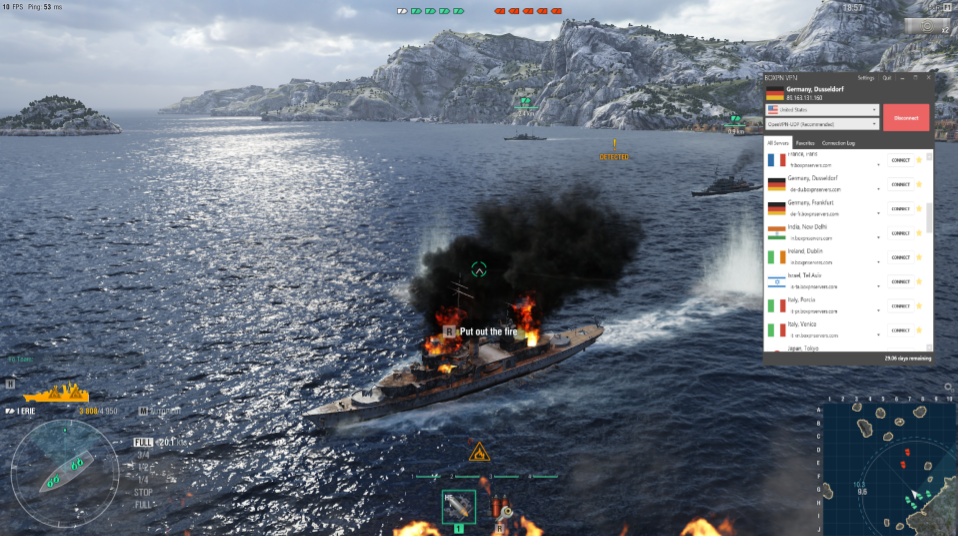 A screenshot of BoxPN working with World of Warships, showing that the VPN is fast enough for lightweight gaming.