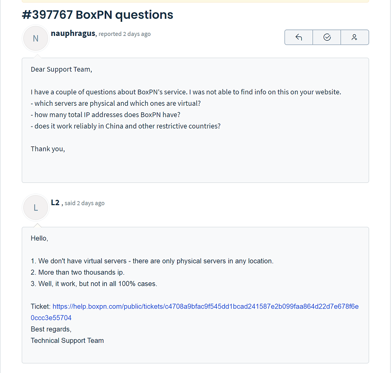 A screenshot of a customer support response from BoxPN, confirming that the VPN's servers are all physical.