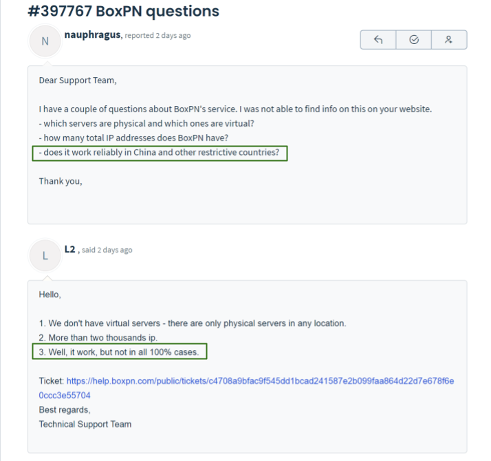 A screenshot of a customer support response from BoxPN, saying that the VPN is not 100% reliable in China.