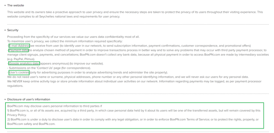 A screenshot of BoxPN's privacy policy, with highlights showing that the VPN does log some of your information.