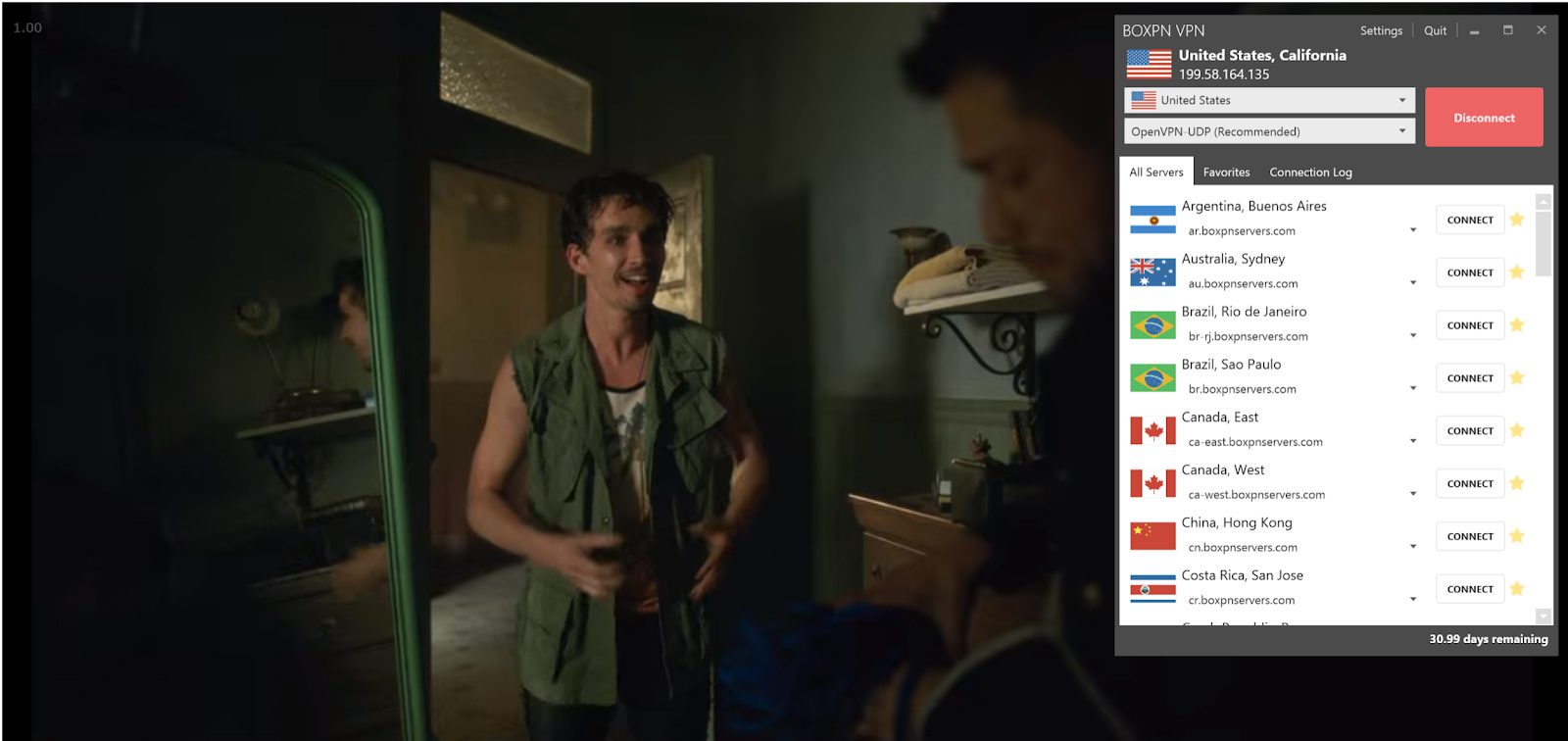 A screenshot of BoxPN VPN unblocking Netflix in the background.