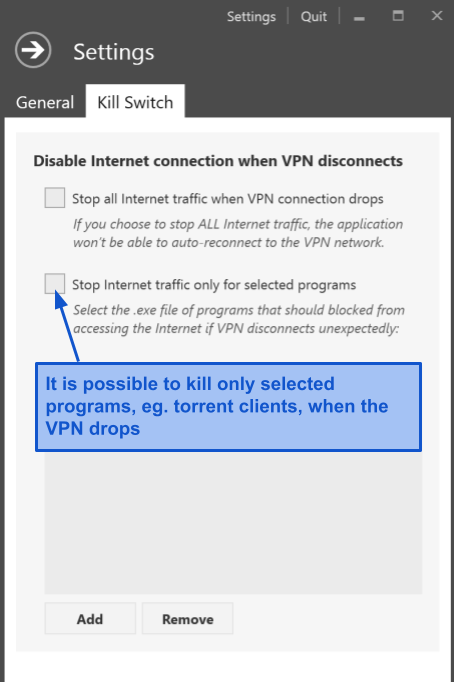 A screenshot of BoxPN's settings, showing where to find the VPN's kill switch.