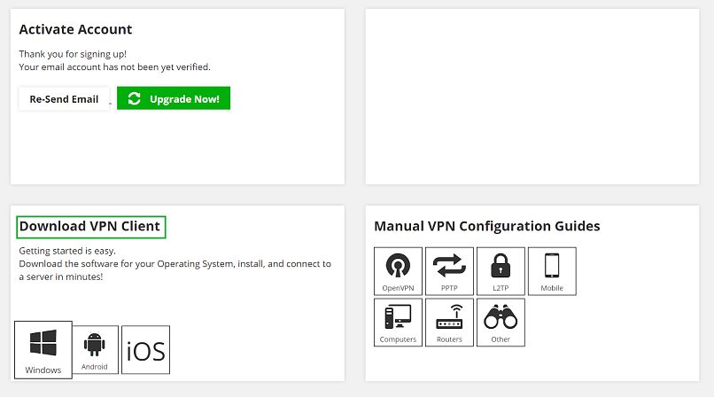 A screenshot of BoxPN VPN's website, showing how to download the VPN cilent and where to find configuration guides.