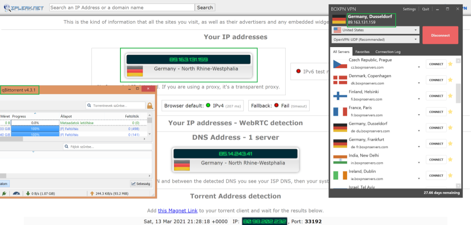 A screenshot showing that BoxPN servers allow torrenting, with no DNS or IP leaks.