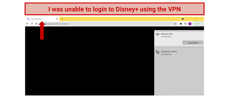 Screenshot of black empty error page when logging in to Disney+