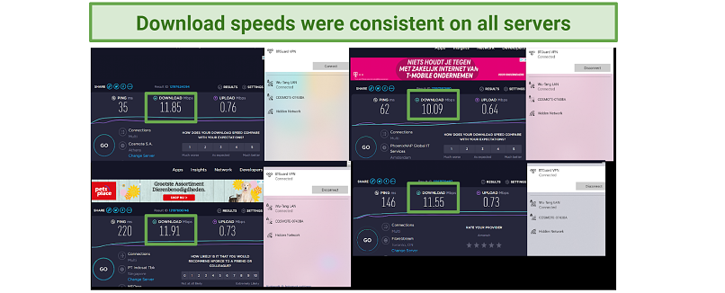 Compilation of screenshots showing speed test results across different servers