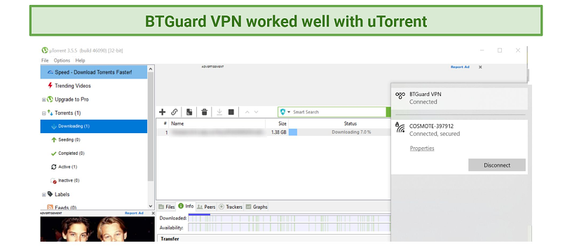 Screenshot of uTorrent download using BTGuard VPN