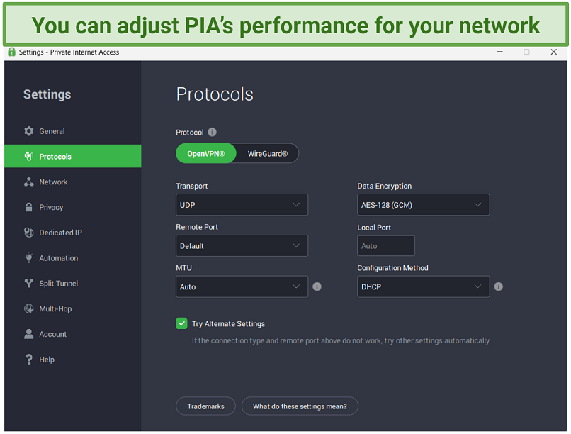 A screenshot showing PIA's Protocol tab on the Windows app