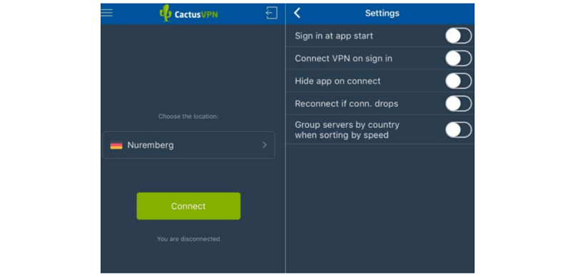 A screenshot of CactusVPN's mobile app