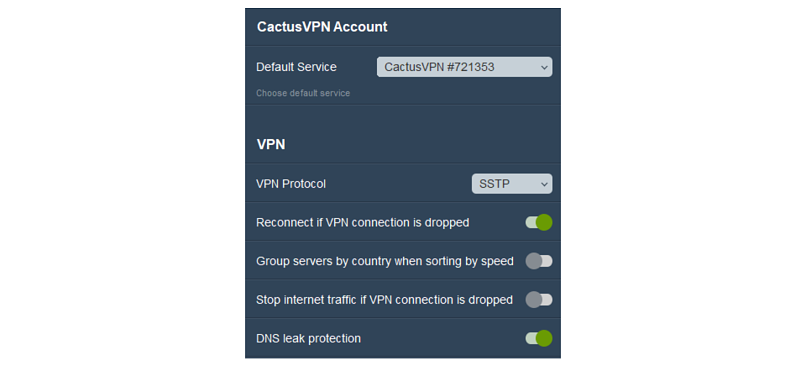 A screenshot of CactusVPN settings page