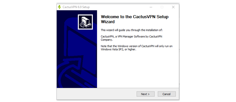 A screenshot of CactusVPN setup wizard