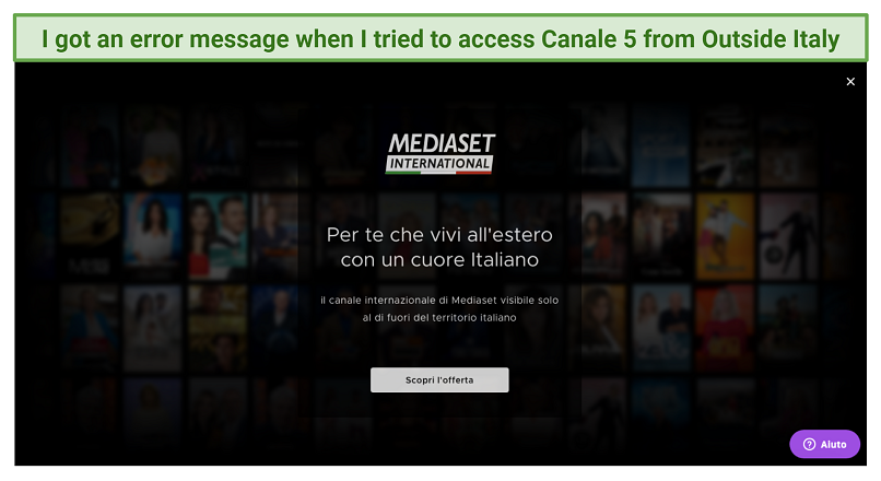 Screenshot of error message when trying to watch Canale 5 outside of Italy