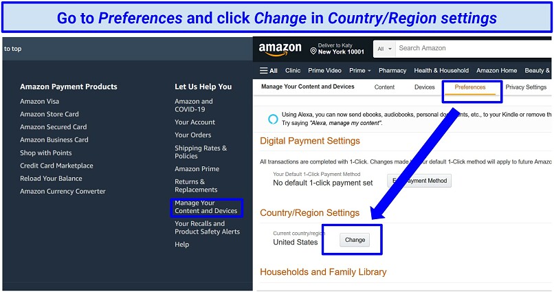 Screenshot of Amazon's settings, demonstrating how to change your Amazon Prime Video country