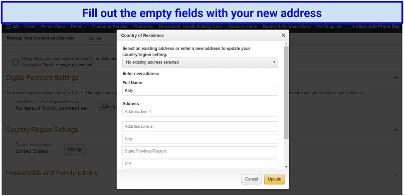 Screenshot of Amazon's Change Country of Residence form