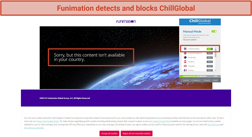 Screenshot of Funimation blocking ChillGlobal