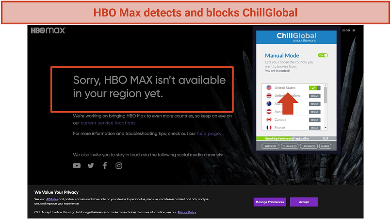 Screenshot of HBO Max blocking ChillGlobal