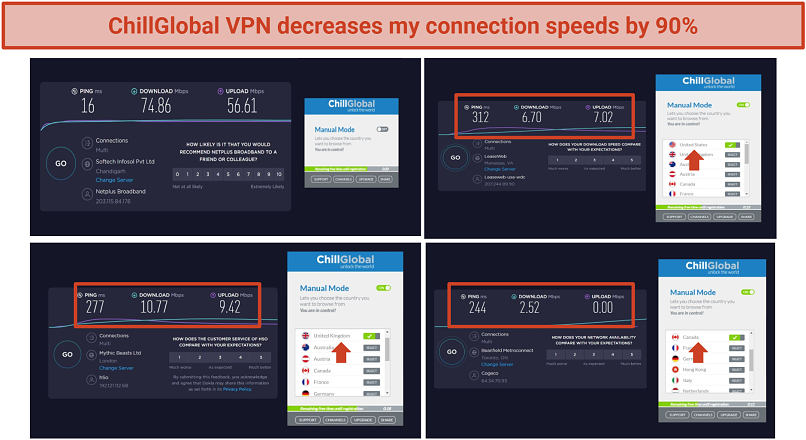 Screenshot of speed tests on different servers