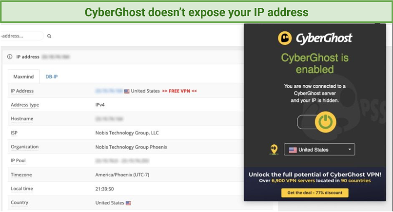 Screenshot of IP and DNS test and CyberGhost Firefox addon UI