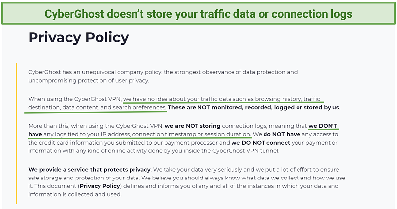Captura de pantalla de la Política de privacidad en Cyberghost